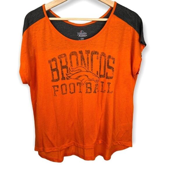 Majestic Tops - Majestic Denver Broncos Football Two Tone Short Sleeve Dolman T Shirt  L